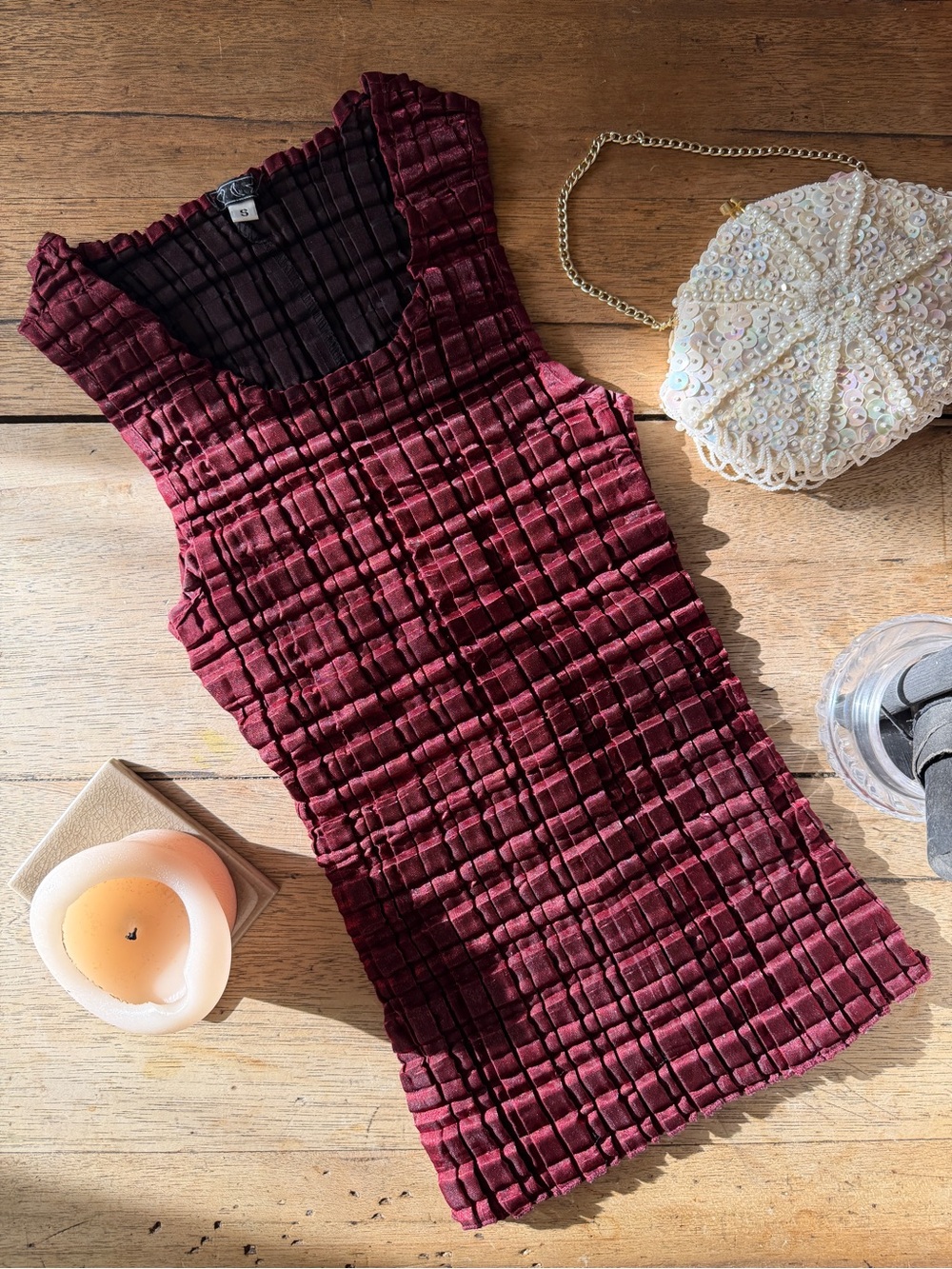 Y2K Textured Dark Red Scrunch Top